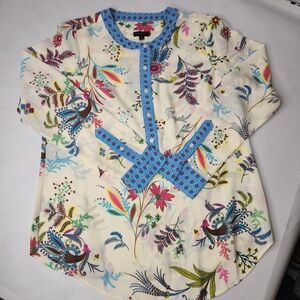 Talbots SZ P XS Banded Collar Popover Blouse Women’s Dancing Floral Chinoiserie